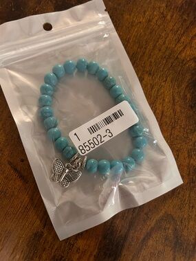 Turquoise Bead Stretch Bracelet with Silver Butterfly Charm
